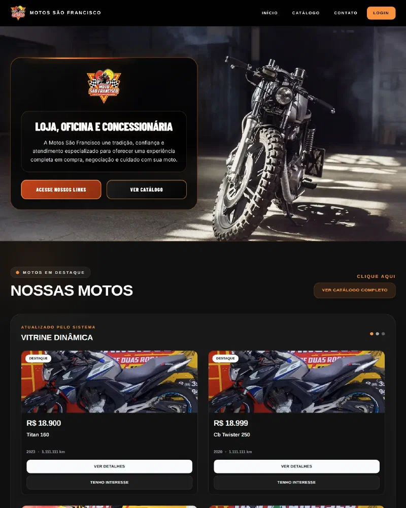 Página da Motos São Francisco com vitrine de motos, oficina e contato por unidade